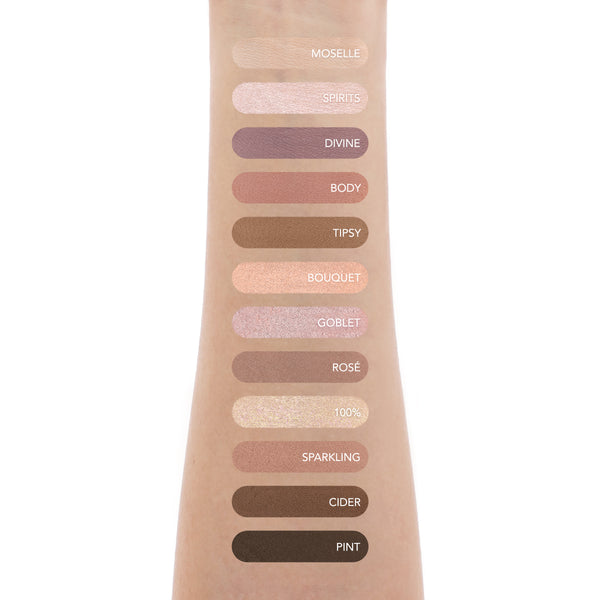 Amorus Mauve Cycle 12 Pressed Shades Arm Swatches Silky smooth formula Pocket size Versatile color range High payoff Matte, Shimmer, Foil finish Amor Us