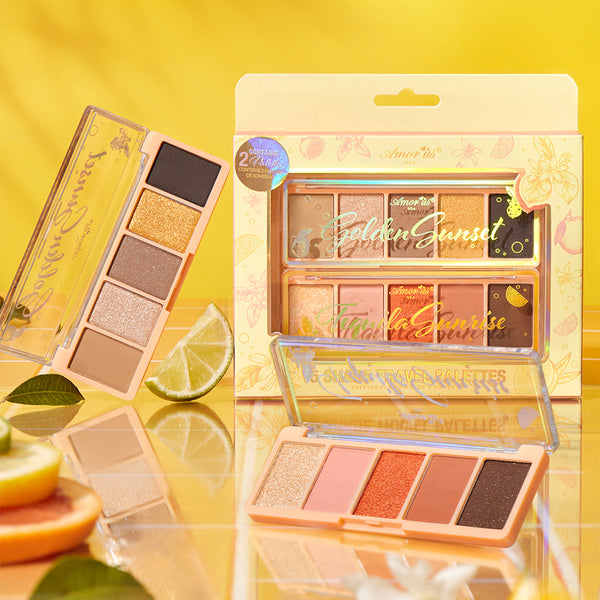 Amorus 5 Shade Travel Palettes Golden Sunset & Tequila Sunrise Silky Smooth Formula Travel Size Versatile Color Range High Payoff Matte Shimmer Foil Finish Amor Us